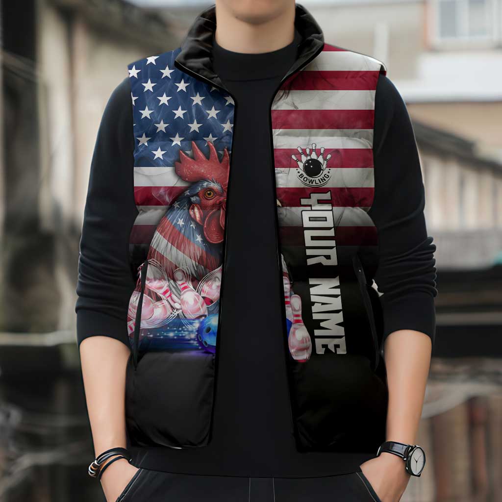 Custom Bowling Rooster Sleeveless Puffer Jacket with Striking Pins and American Flag Feather Pattern - Wonder Print Shop