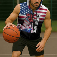 Custom Bowling Rooster Sleeveless Zip Hoodie with Striking Pins and American Flag Feather Pattern - Wonder Print Shop