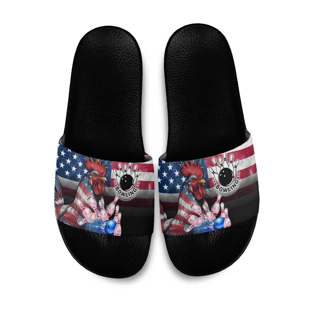 Bowling Rooster Slide Sandals with Striking Pins and American Flag Feather Pattern - Wonder Print Shop