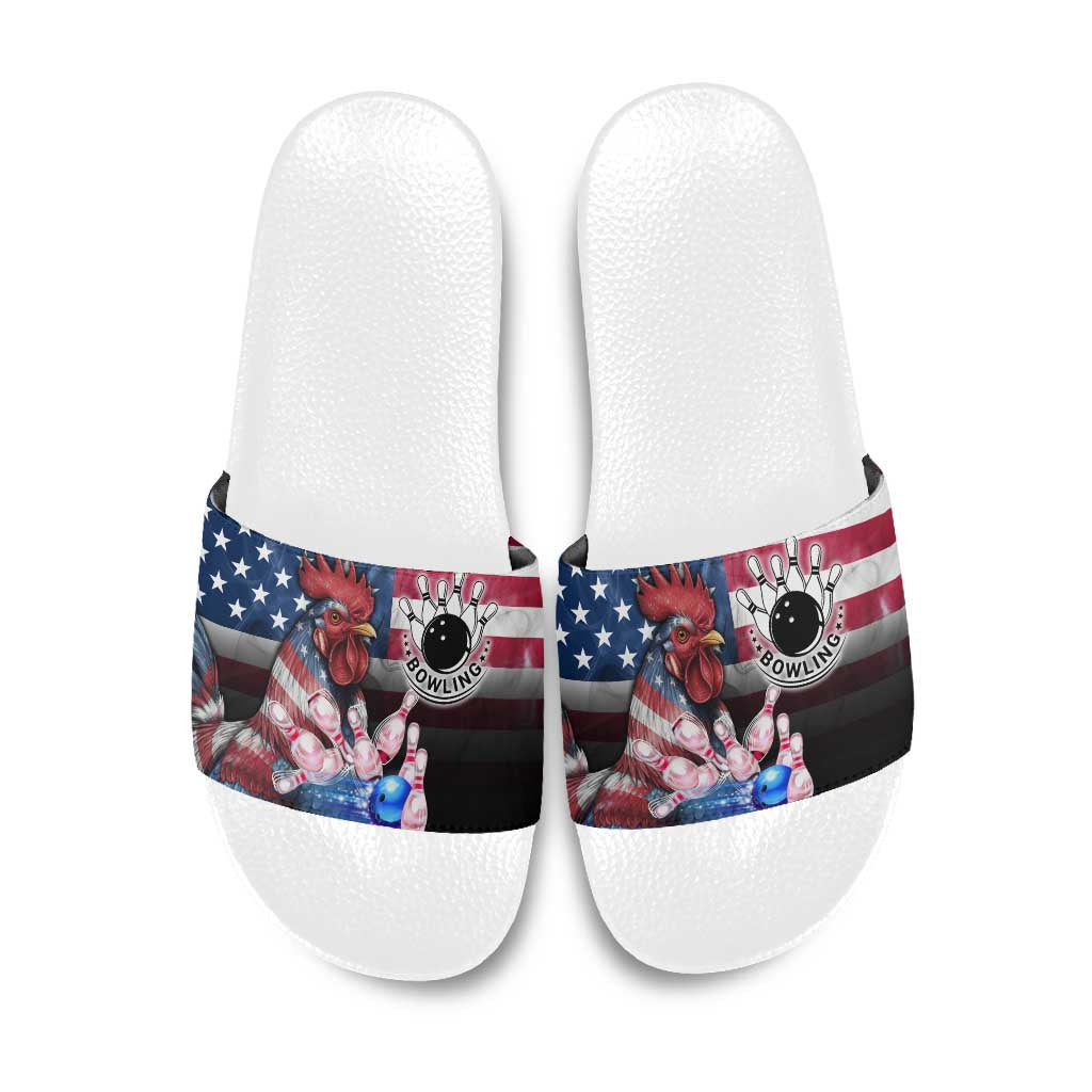 Bowling Rooster Slide Sandals with Striking Pins and American Flag Feather Pattern - Wonder Print Shop