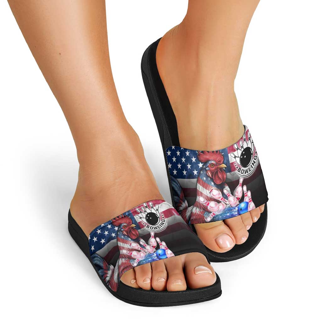 Bowling Rooster Slide Sandals with Striking Pins and American Flag Feather Pattern - Wonder Print Shop
