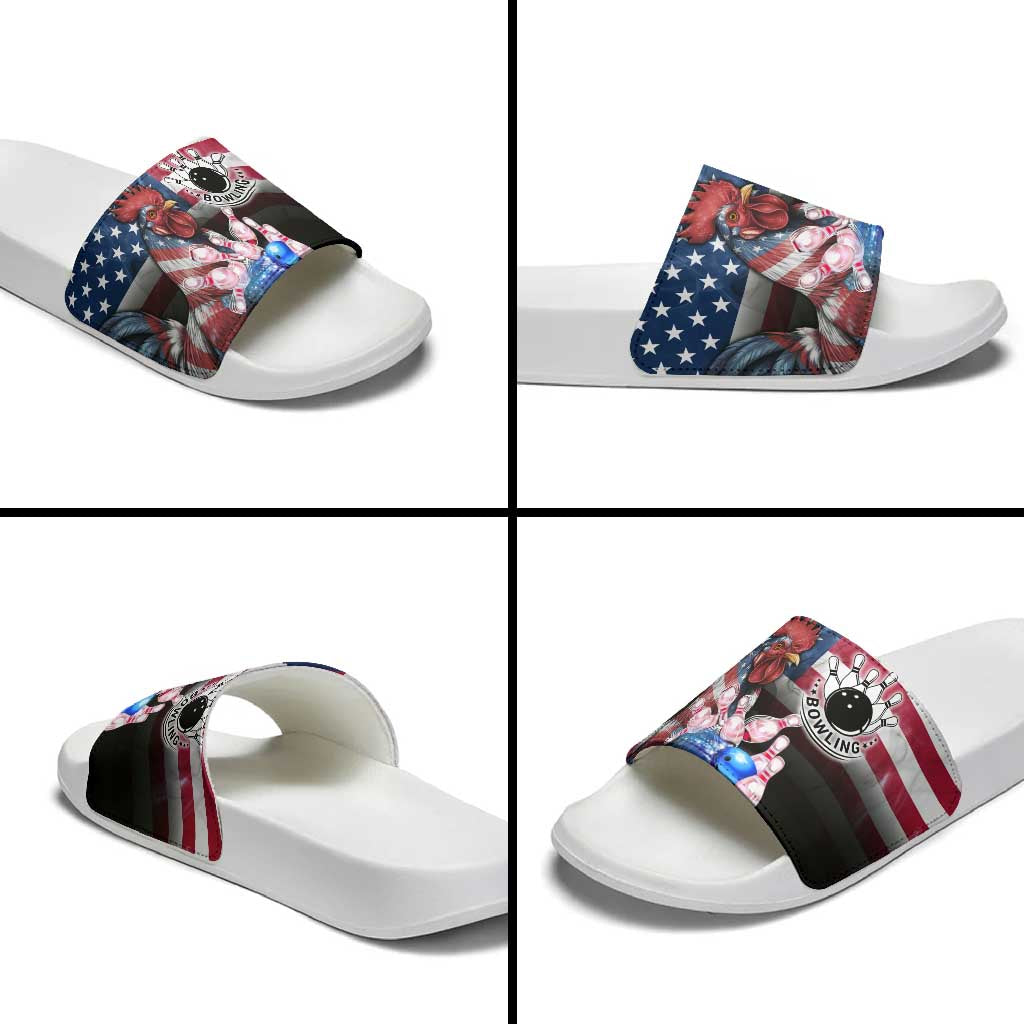 Bowling Rooster Slide Sandals with Striking Pins and American Flag Feather Pattern - Wonder Print Shop