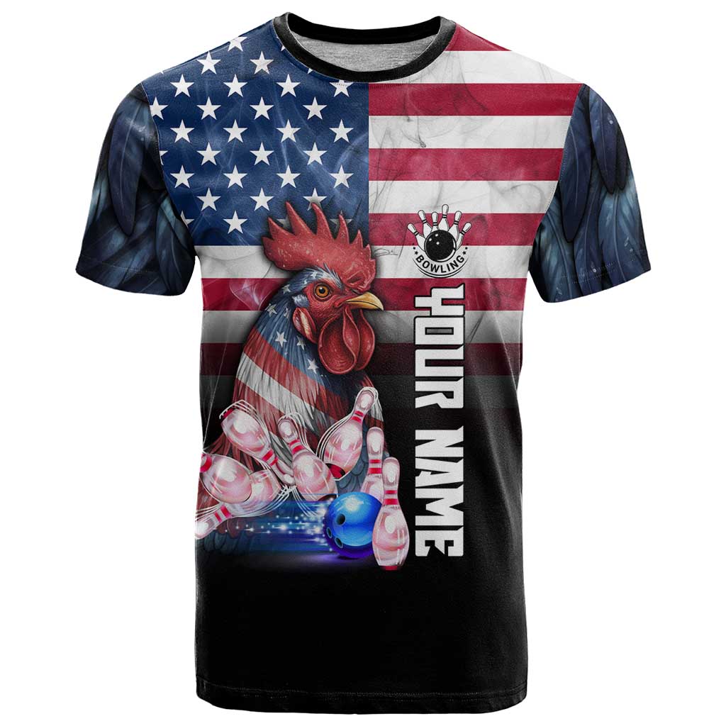 Custom Bowling Rooster T Shirt with Striking Pins and American Flag Feather Pattern - Wonder Print Shop