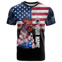 Custom Bowling Rooster T Shirt with Striking Pins and American Flag Feather Pattern - Wonder Print Shop