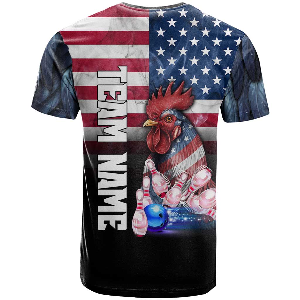 Custom Bowling Rooster T Shirt with Striking Pins and American Flag Feather Pattern - Wonder Print Shop