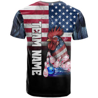 Custom Bowling Rooster T Shirt with Striking Pins and American Flag Feather Pattern - Wonder Print Shop