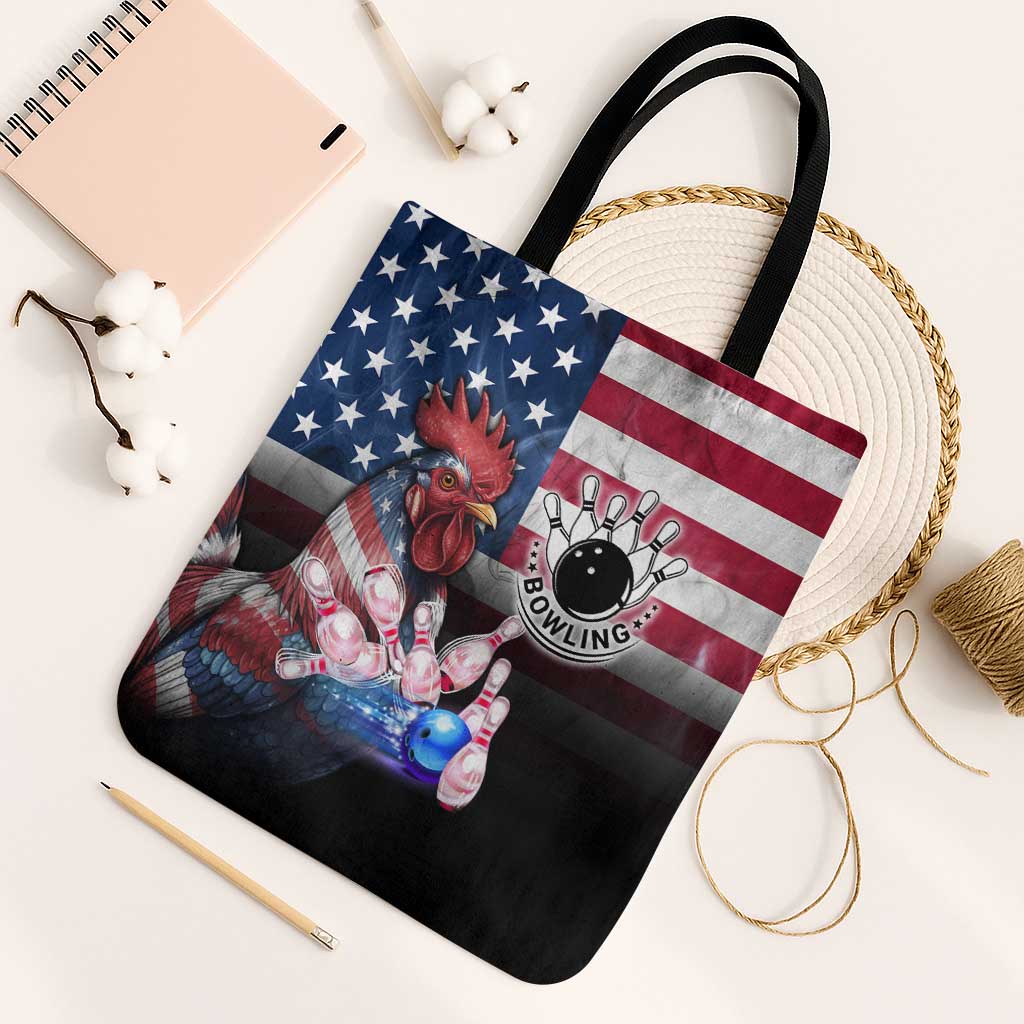 Bowling Rooster Tote Bag with Striking Pins and American Flag Feather Pattern - Wonder Print Shop