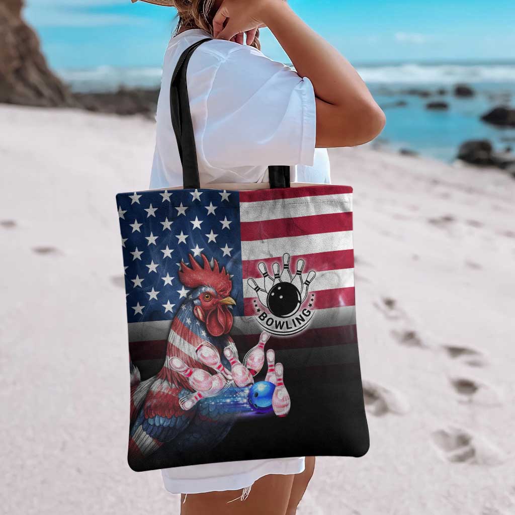 Bowling Rooster Tote Bag with Striking Pins and American Flag Feather Pattern - Wonder Print Shop