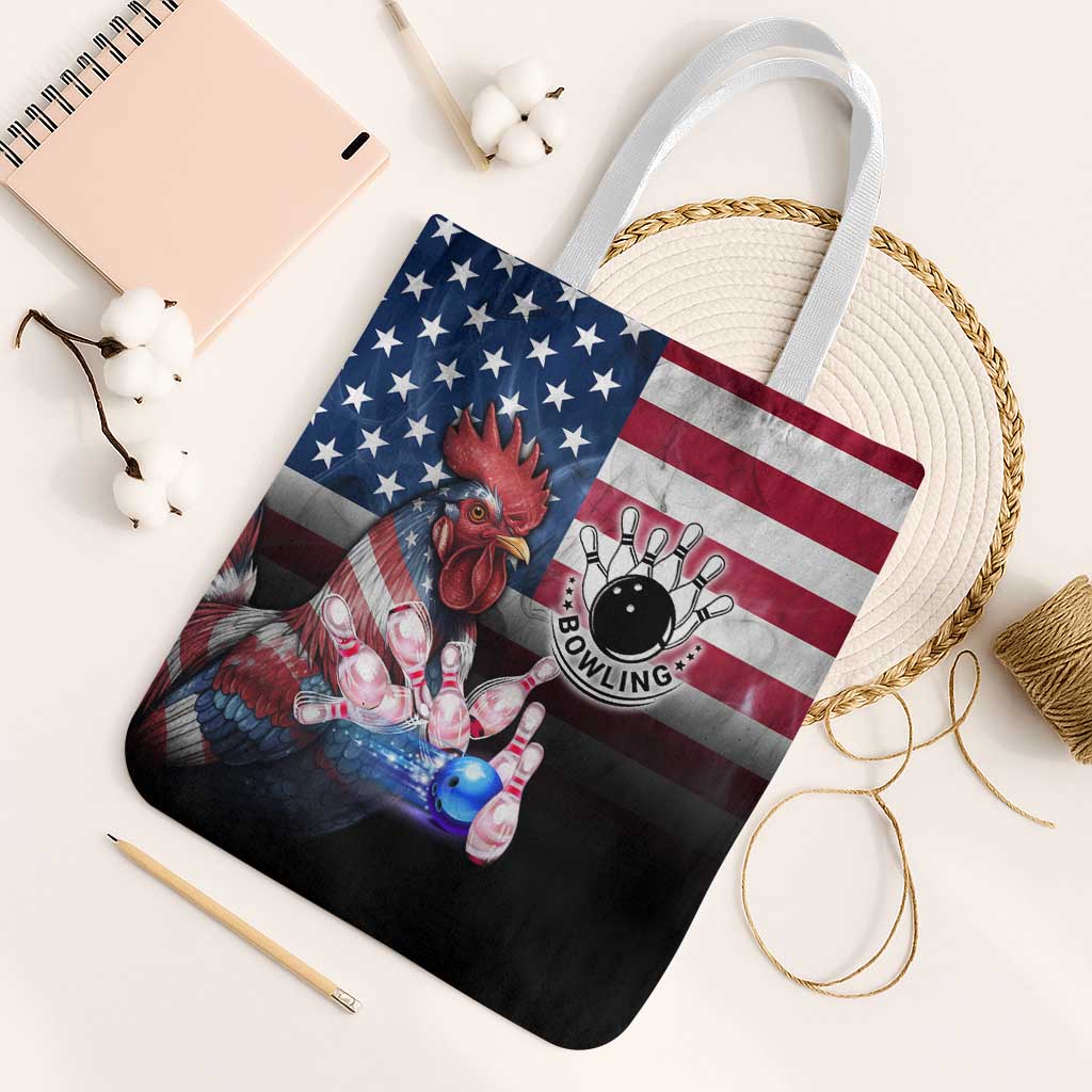Bowling Rooster Tote Bag with Striking Pins and American Flag Feather Pattern - Wonder Print Shop
