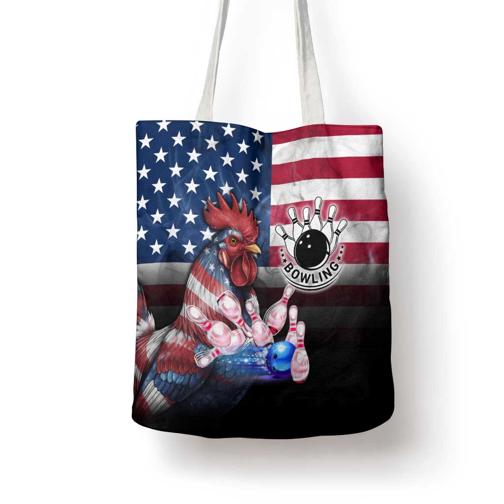 Bowling Rooster Tote Bag with Striking Pins and American Flag Feather Pattern - Wonder Print Shop