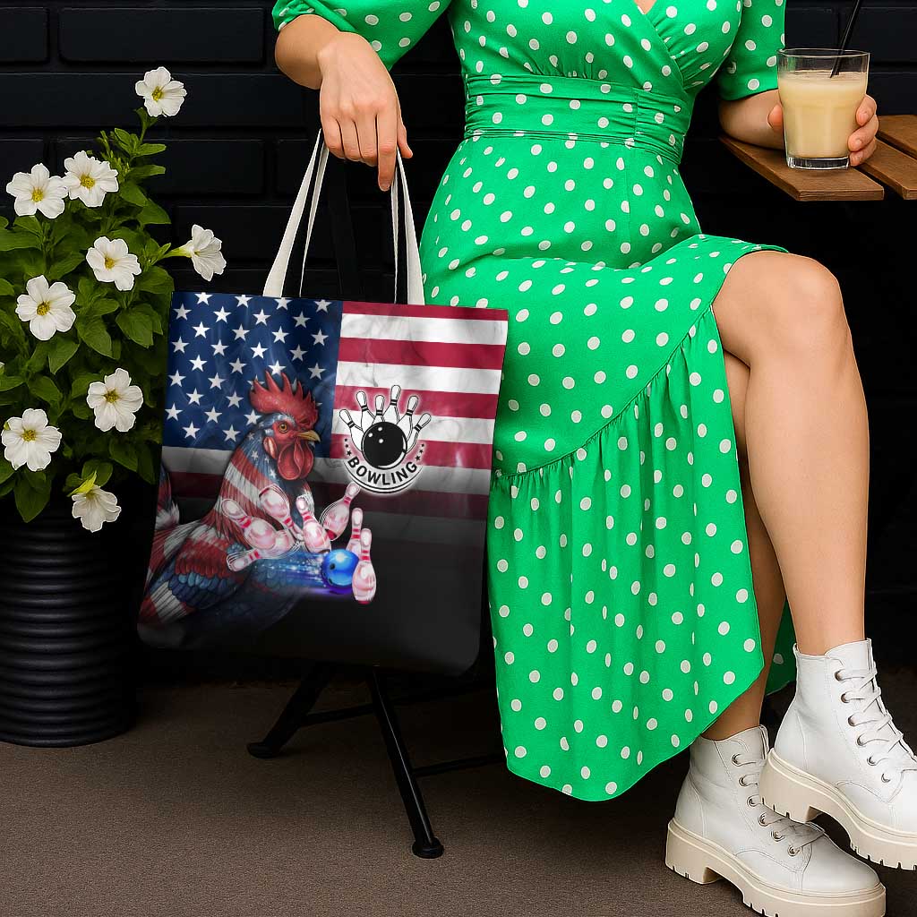 Bowling Rooster Tote Bag with Striking Pins and American Flag Feather Pattern - Wonder Print Shop