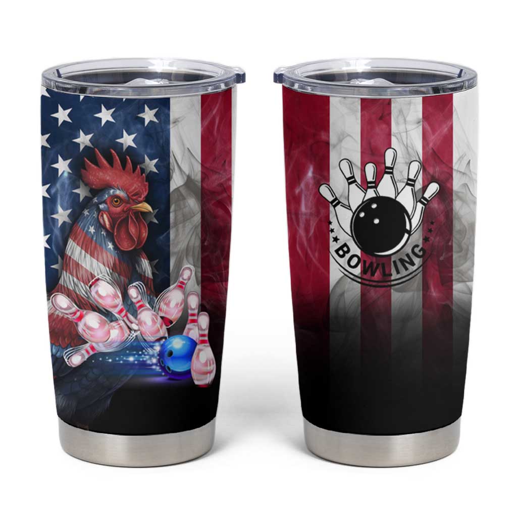 Bowling Rooster Tumbler Cup with Striking Pins and American Flag Feather Pattern - Wonder Print Shop