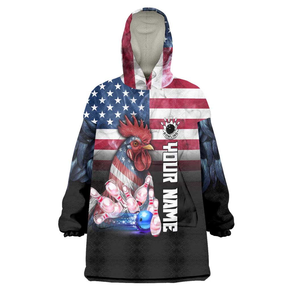 Custom Bowling Rooster Wearable Blanket Hoodie with Striking Pins and American Flag Feather Pattern - Wonder Print Shop
