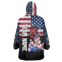Custom Bowling Rooster Wearable Blanket Hoodie with Striking Pins and American Flag Feather Pattern - Wonder Print Shop
