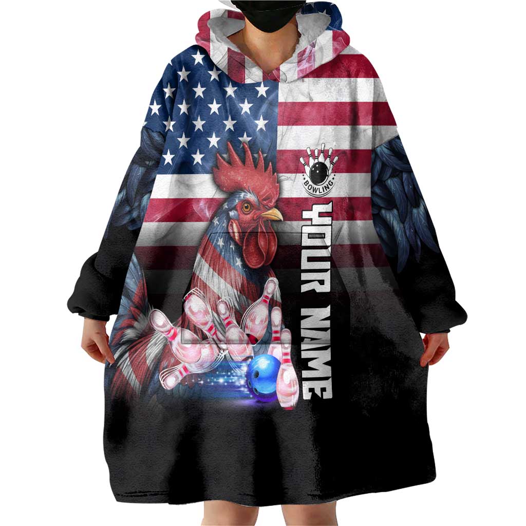 Custom Bowling Rooster Wearable Blanket Hoodie with Striking Pins and American Flag Feather Pattern - Wonder Print Shop
