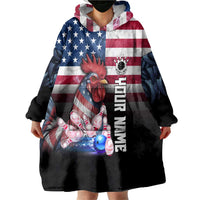 Custom Bowling Rooster Wearable Blanket Hoodie with Striking Pins and American Flag Feather Pattern - Wonder Print Shop