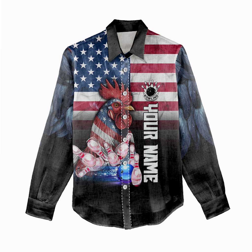 Custom Bowling Rooster Women Casual Shirt with Striking Pins and American Flag Feather Pattern - Wonder Print Shop