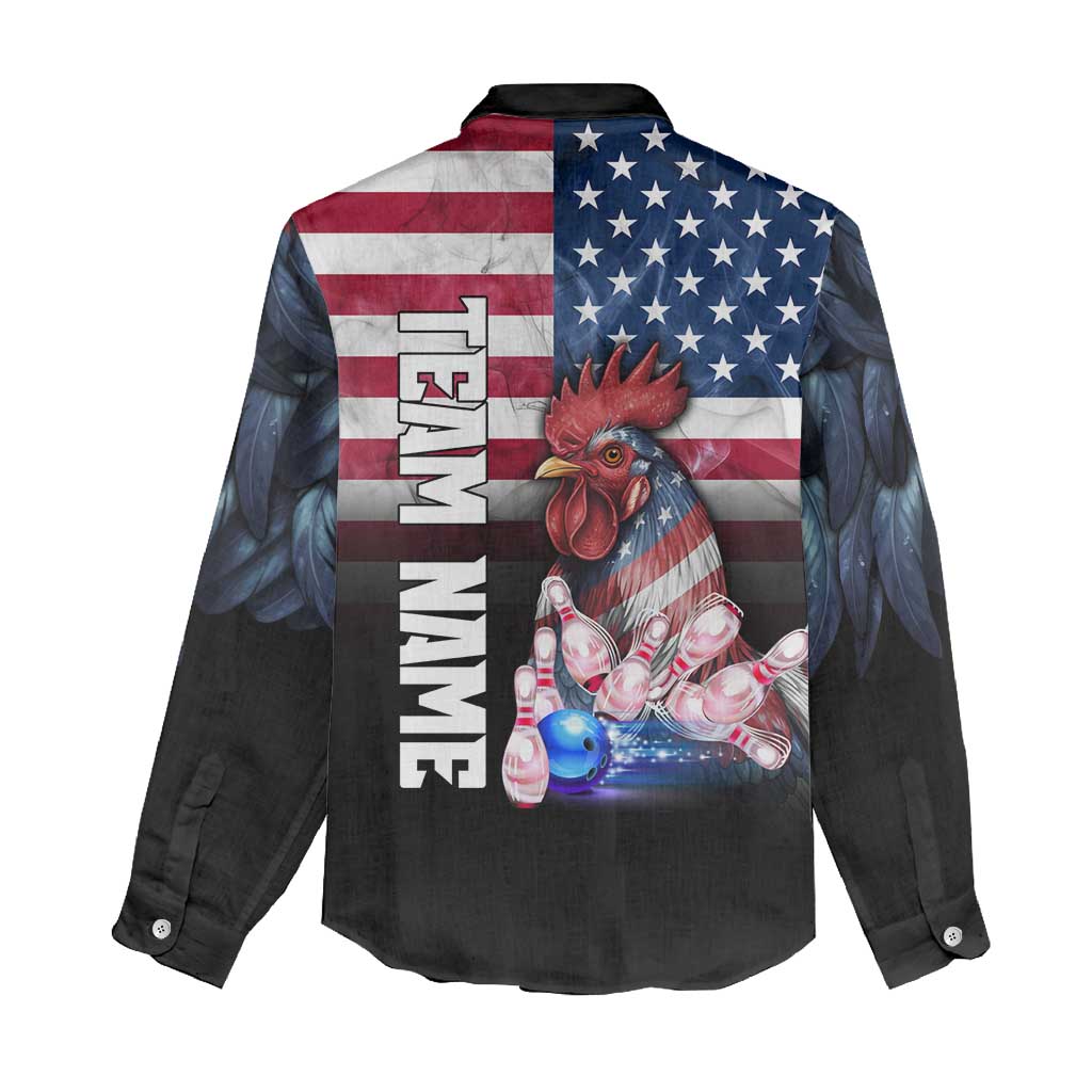 Custom Bowling Rooster Women Casual Shirt with Striking Pins and American Flag Feather Pattern - Wonder Print Shop