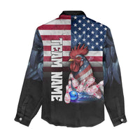 Custom Bowling Rooster Women Casual Shirt with Striking Pins and American Flag Feather Pattern - Wonder Print Shop