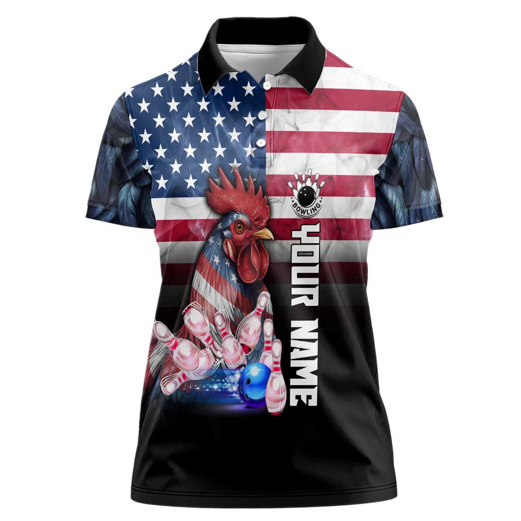 Custom Bowling Rooster Women Polo Shirt with Striking Pins and American Flag Feather Pattern - Wonder Print Shop