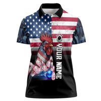 Custom Bowling Rooster Women Polo Shirt with Striking Pins and American Flag Feather Pattern - Wonder Print Shop