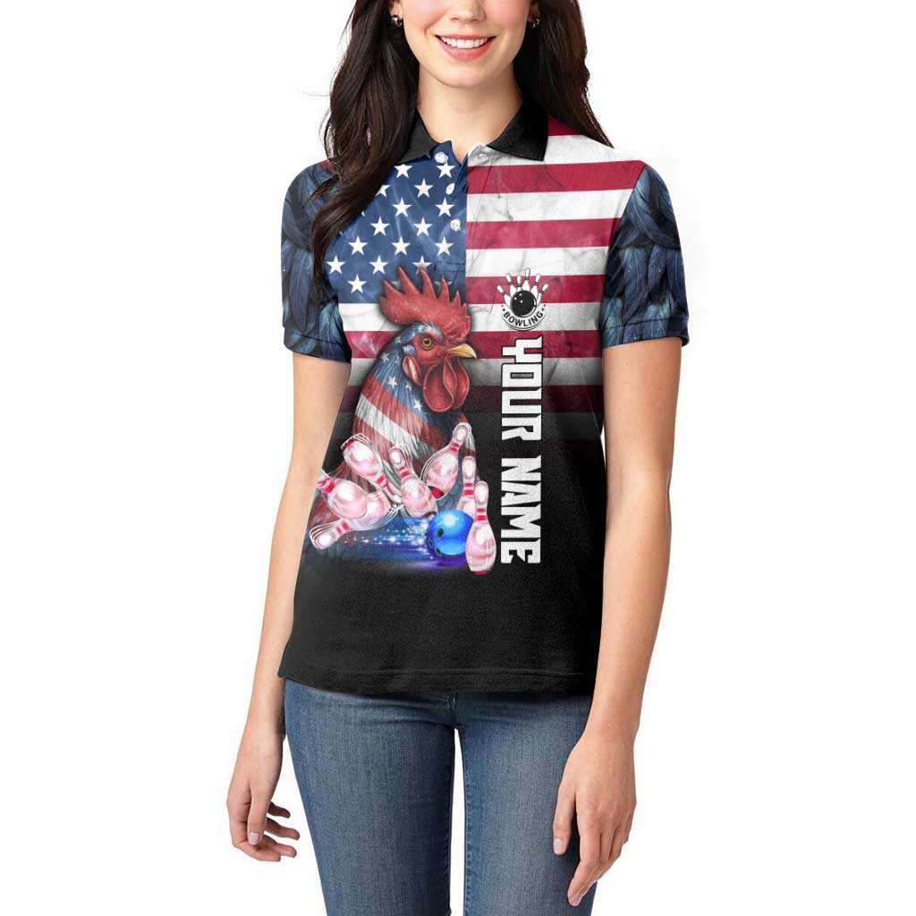 Custom Bowling Rooster Women Polo Shirt with Striking Pins and American Flag Feather Pattern - Wonder Print Shop