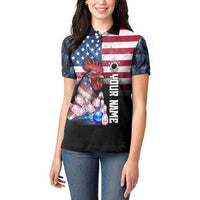 Custom Bowling Rooster Women Polo Shirt with Striking Pins and American Flag Feather Pattern - Wonder Print Shop