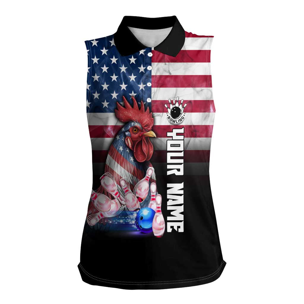 Custom Bowling Rooster Women Sleeveless Polo Shirt with Striking Pins and American Flag Feather Pattern - Wonder Print Shop