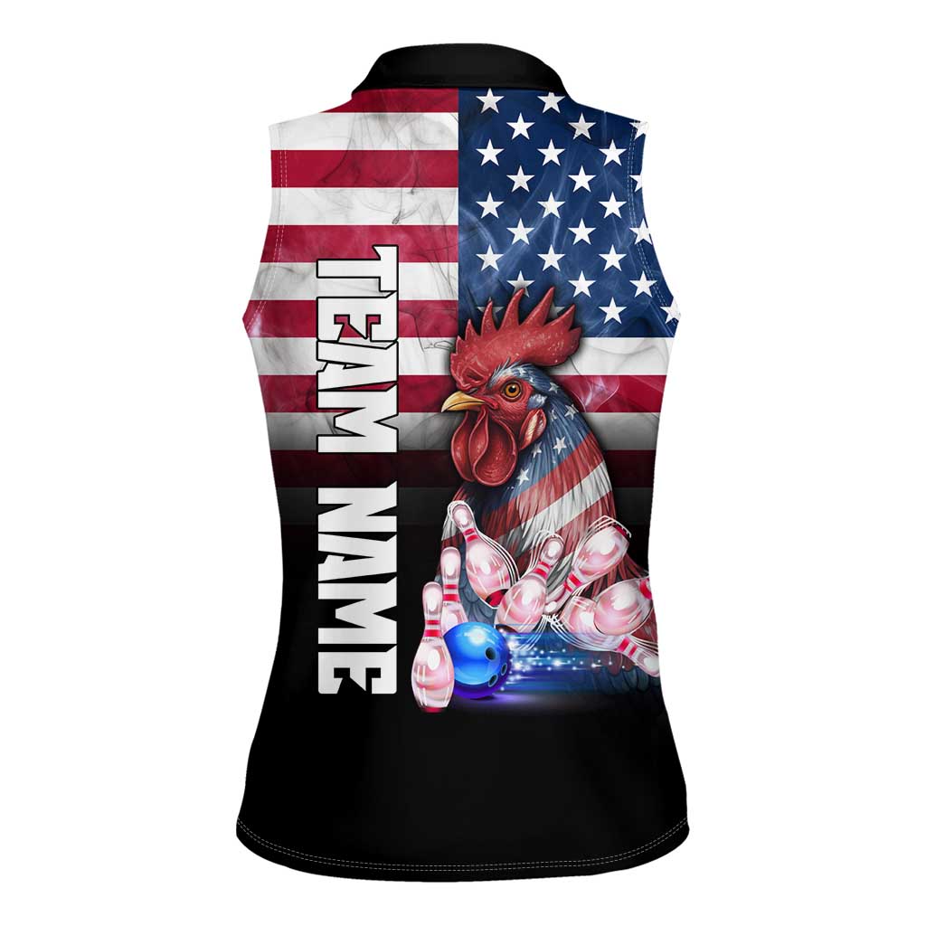 Custom Bowling Rooster Women Sleeveless Polo Shirt with Striking Pins and American Flag Feather Pattern - Wonder Print Shop