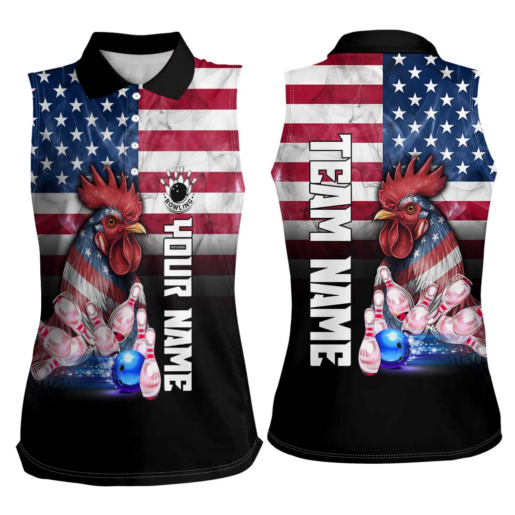 Custom Bowling Rooster Women Sleeveless Polo Shirt with Striking Pins and American Flag Feather Pattern - Wonder Print Shop