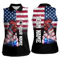 Custom Bowling Rooster Women Sleeveless Polo Shirt with Striking Pins and American Flag Feather Pattern - Wonder Print Shop