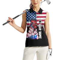 Custom Bowling Rooster Women Sleeveless Polo Shirt with Striking Pins and American Flag Feather Pattern - Wonder Print Shop