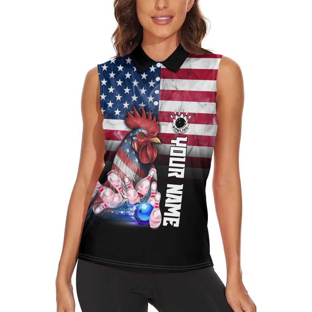 Custom Bowling Rooster Women Sleeveless Polo Shirt with Striking Pins and American Flag Feather Pattern - Wonder Print Shop