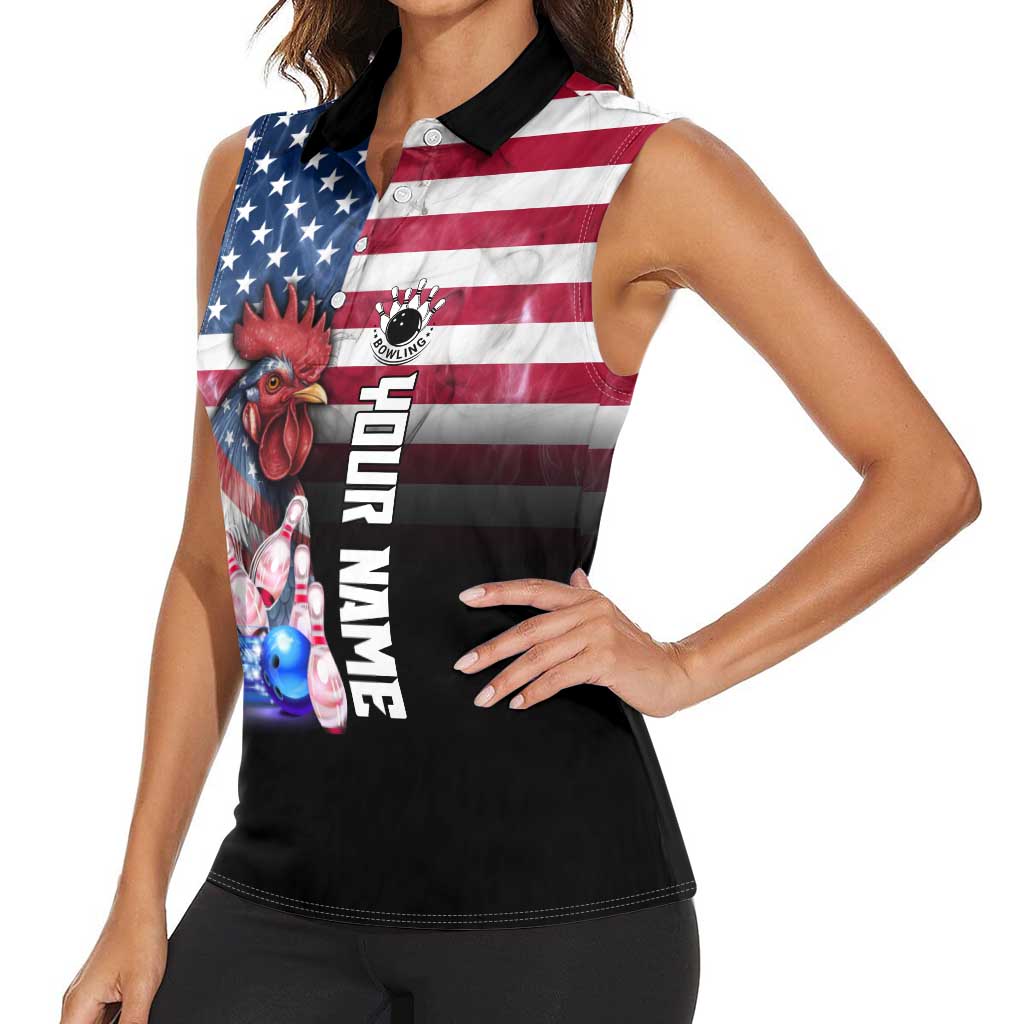 Custom Bowling Rooster Women Sleeveless Polo Shirt with Striking Pins and American Flag Feather Pattern - Wonder Print Shop