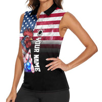 Custom Bowling Rooster Women Sleeveless Polo Shirt with Striking Pins and American Flag Feather Pattern - Wonder Print Shop