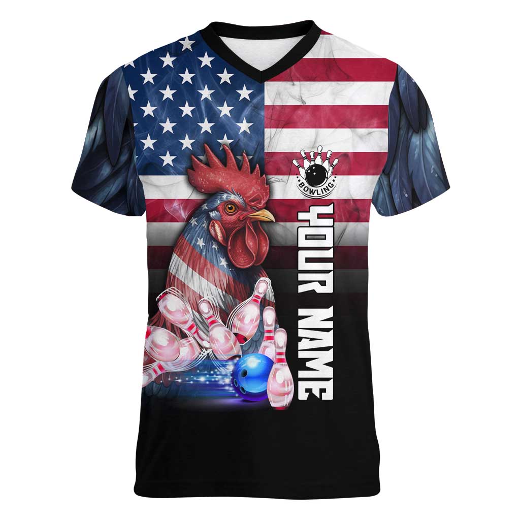 Custom Bowling Rooster Women V-Neck T-Shirt with Striking Pins and American Flag Feather Pattern - Wonder Print Shop