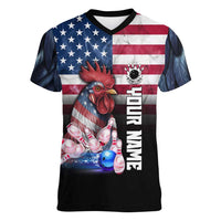 Custom Bowling Rooster Women V-Neck T-Shirt with Striking Pins and American Flag Feather Pattern - Wonder Print Shop