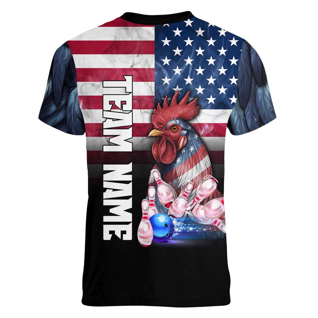 Custom Bowling Rooster Women V-Neck T-Shirt with Striking Pins and American Flag Feather Pattern - Wonder Print Shop