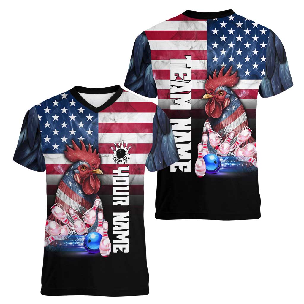 Custom Bowling Rooster Women V-Neck T-Shirt with Striking Pins and American Flag Feather Pattern - Wonder Print Shop