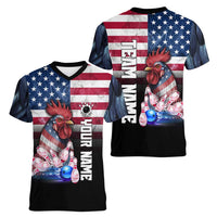 Custom Bowling Rooster Women V-Neck T-Shirt with Striking Pins and American Flag Feather Pattern - Wonder Print Shop