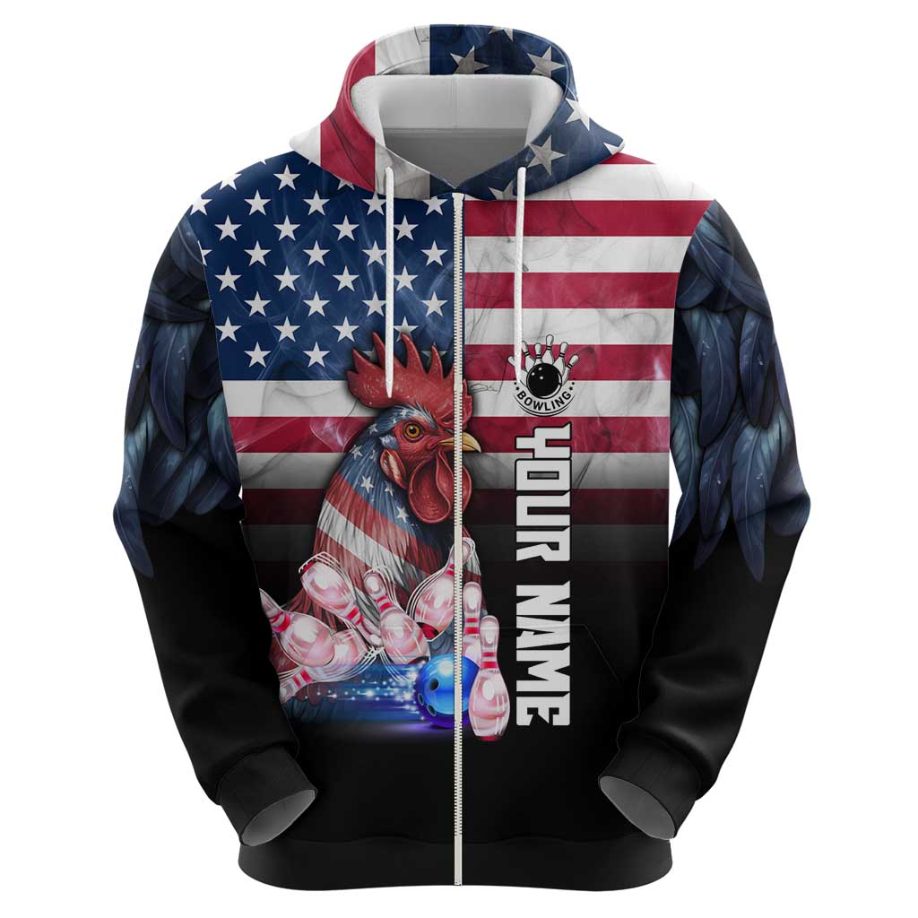 Custom Bowling Rooster Zip Hoodie with Striking Pins and American Flag Feather Pattern - Wonder Print Shop