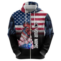 Custom Bowling Rooster Zip Hoodie with Striking Pins and American Flag Feather Pattern - Wonder Print Shop