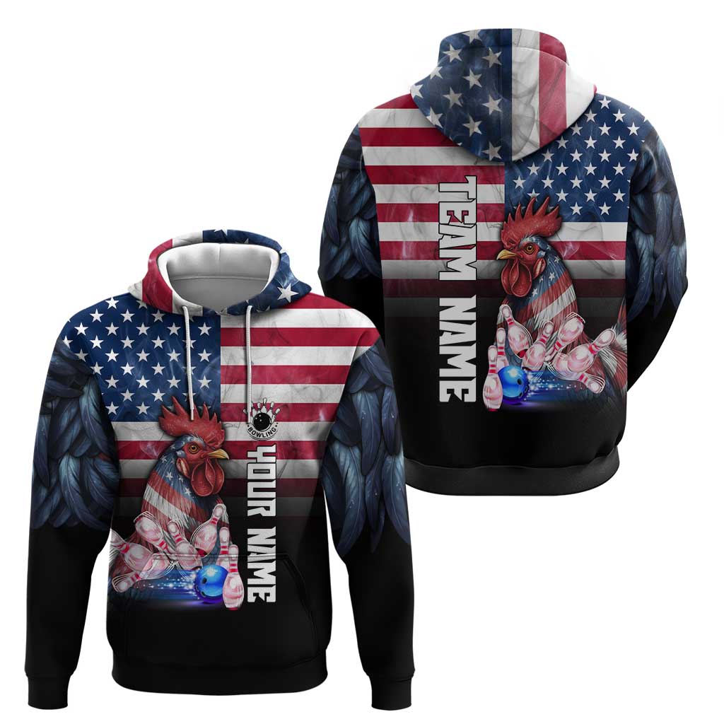 Custom Bowling Rooster Zip Hoodie with Striking Pins and American Flag Feather Pattern - Wonder Print Shop