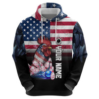 Custom Bowling Rooster Zip Hoodie with Striking Pins and American Flag Feather Pattern - Wonder Print Shop