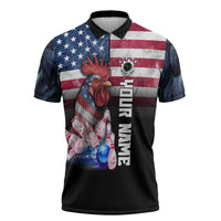 Custom Bowling Rooster Zipper Polo Shirt with Striking Pins and American Flag Feather Pattern - Wonder Print Shop