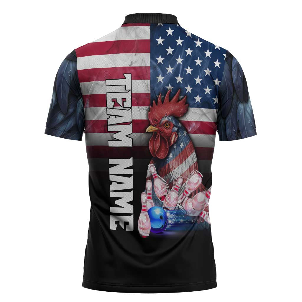 Custom Bowling Rooster Zipper Polo Shirt with Striking Pins and American Flag Feather Pattern - Wonder Print Shop