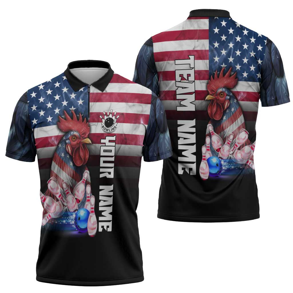 Custom Bowling Rooster Zipper Polo Shirt with Striking Pins and American Flag Feather Pattern - Wonder Print Shop
