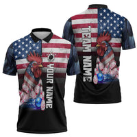 Custom Bowling Rooster Zipper Polo Shirt with Striking Pins and American Flag Feather Pattern - Wonder Print Shop