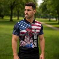 Custom Bowling Rooster Zipper Polo Shirt with Striking Pins and American Flag Feather Pattern - Wonder Print Shop