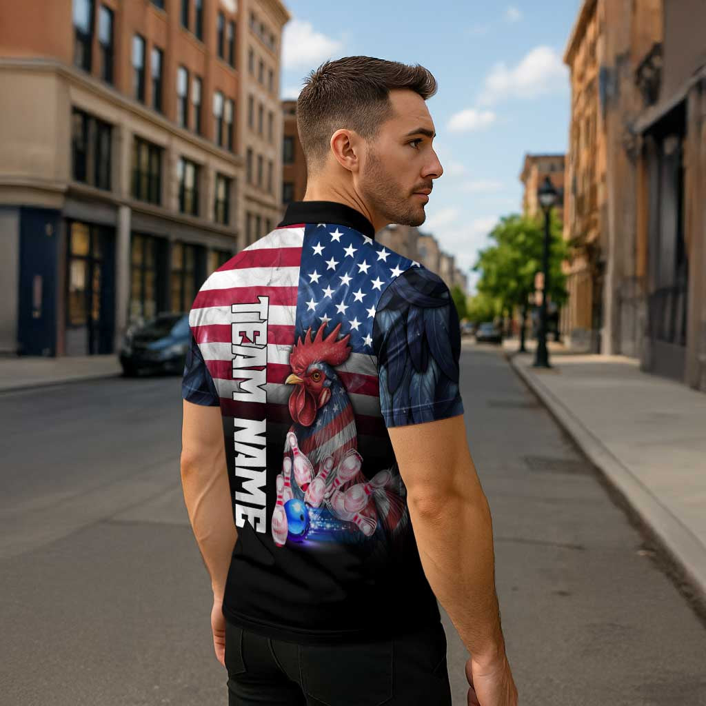 Custom Bowling Rooster Zipper Polo Shirt with Striking Pins and American Flag Feather Pattern - Wonder Print Shop